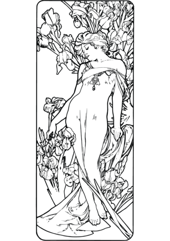 The Flowers  Iris By Alphonse Mucha Coloring Page